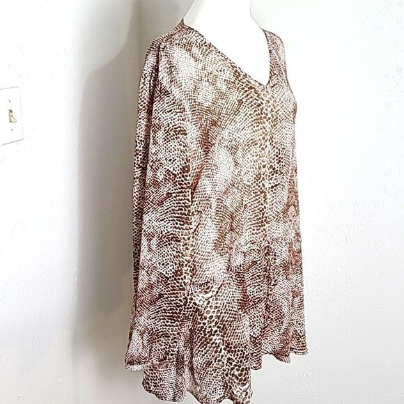 Susan Graver Brown & Beige Print Sheer Blouse, Elastic Tie Waist, Size 2X - Picture 3 of 10